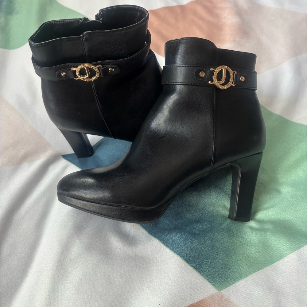 Jones New York Black Heeled ankle Boots with Gold Buckle
